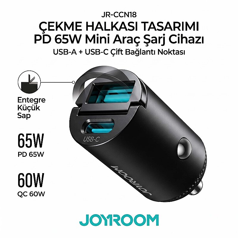 JOYROOM JR-CCN18 MİNİ 65W A+C PULL-RING CAR CHARGER - JOYROOM