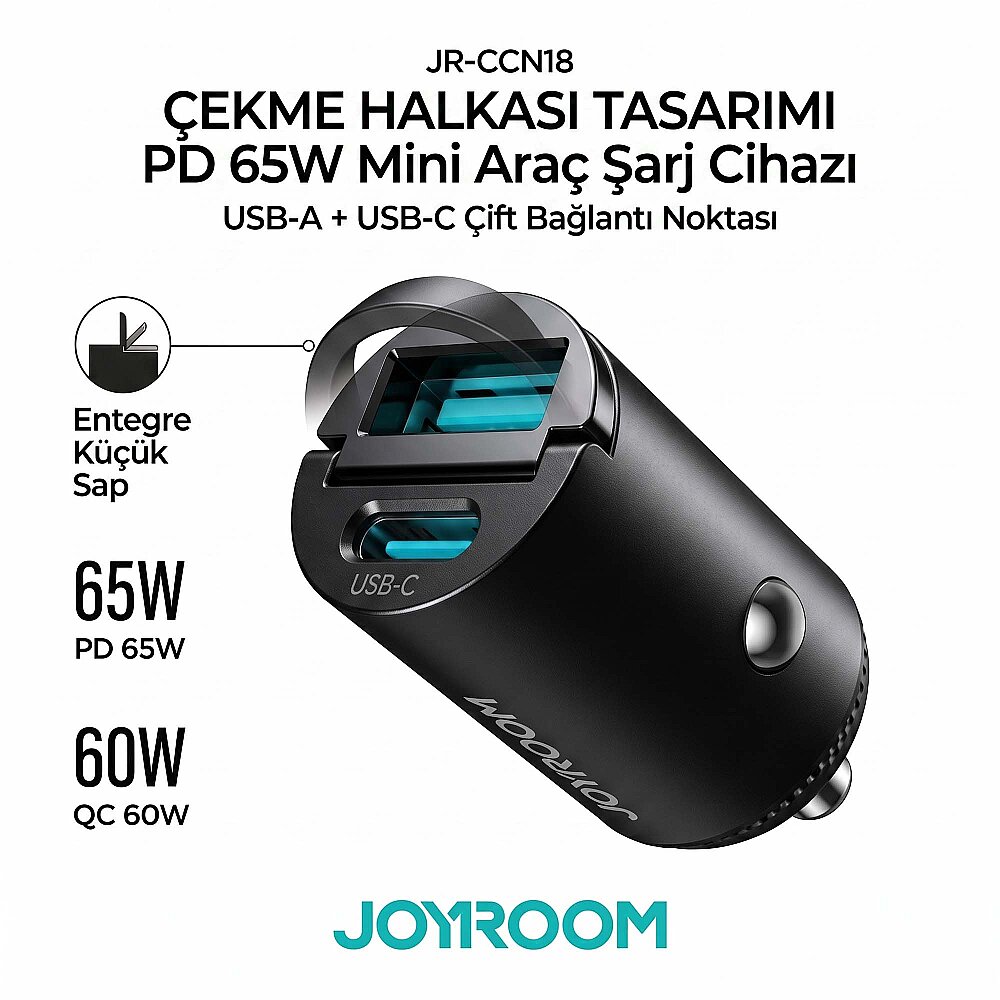 JOYROOM JR-CCN18 MİNİ 65W A+C PULL-RING CAR CHARGER - 1