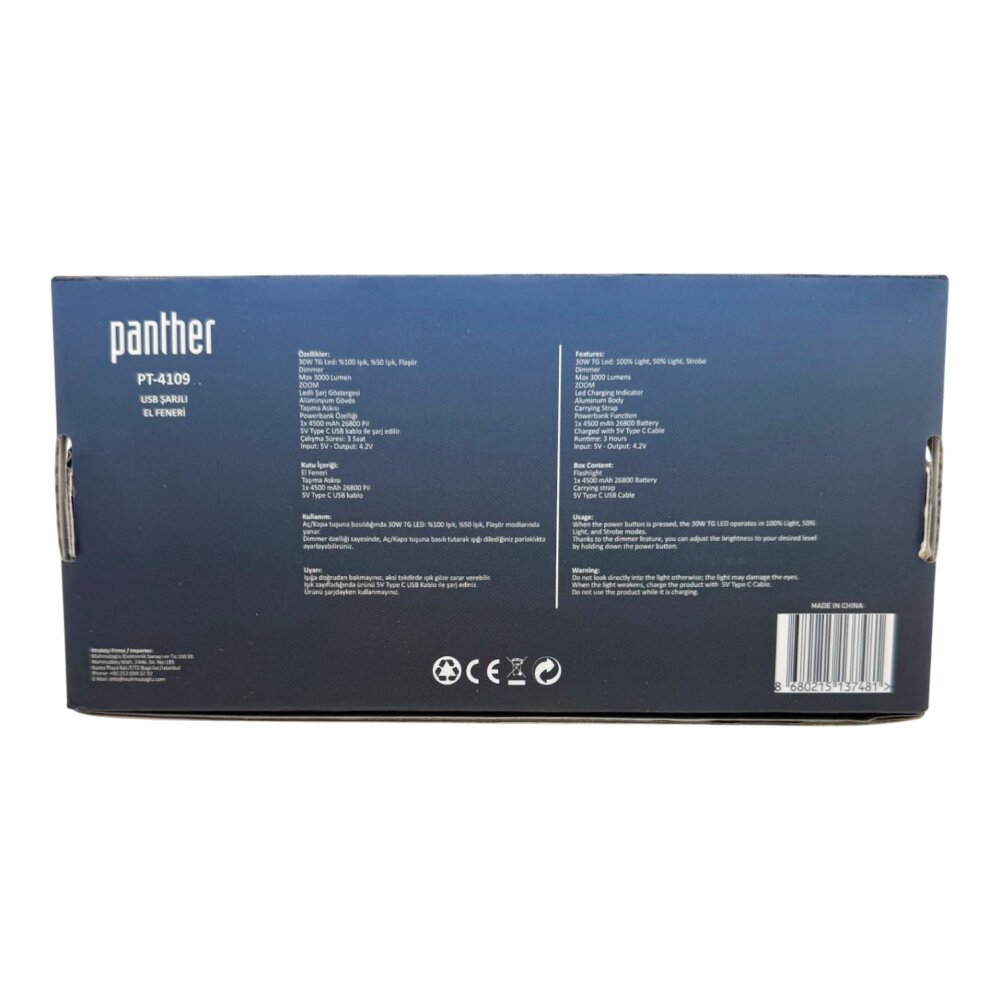 PANTHER PT-4109 USB ŞARJLI EL FENERİ - 7