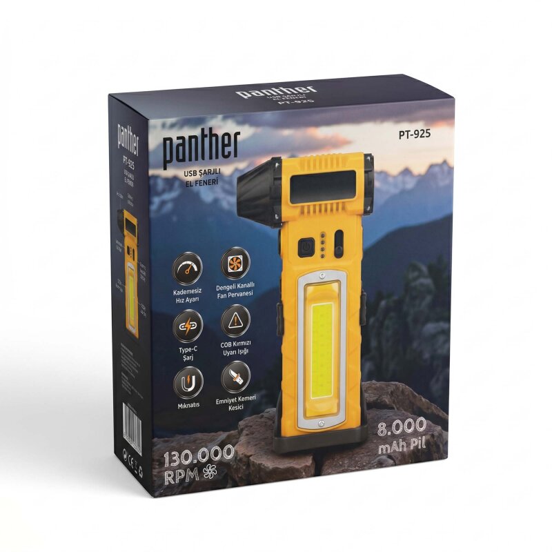 PANTHER PT-925 USB ŞARJLI EL FENERİ - FANLI - 6