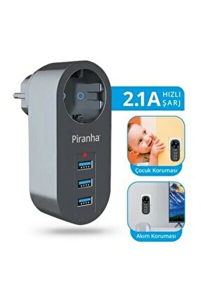 Piranha - PIRANHA 3385 1Lİ PRİZ 3 USB GİRİŞLİ AKIM KORUMALI